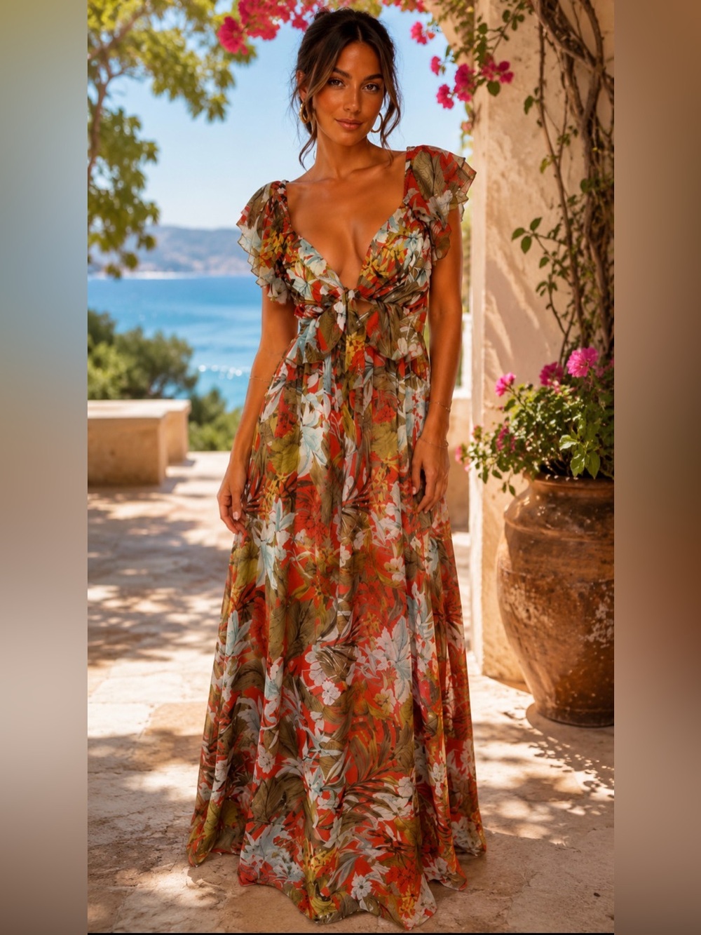 NWT Bring Me Mamosa Rust Green Floral Tie-Front Maxi Dress